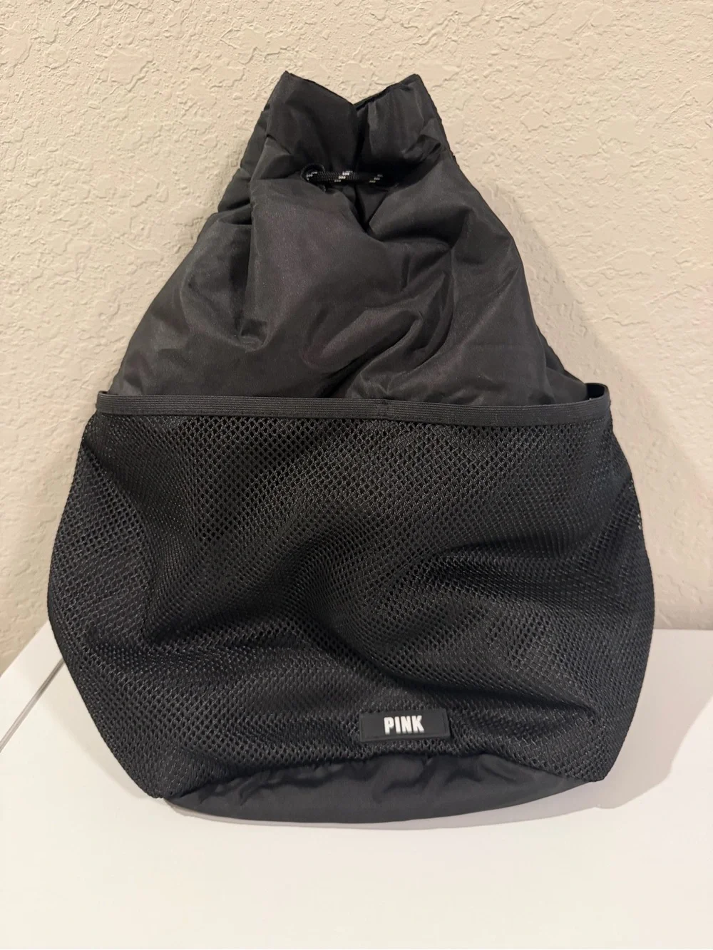 PINK Victoria's Secret Black Mesh Front Drawstring Backpack
